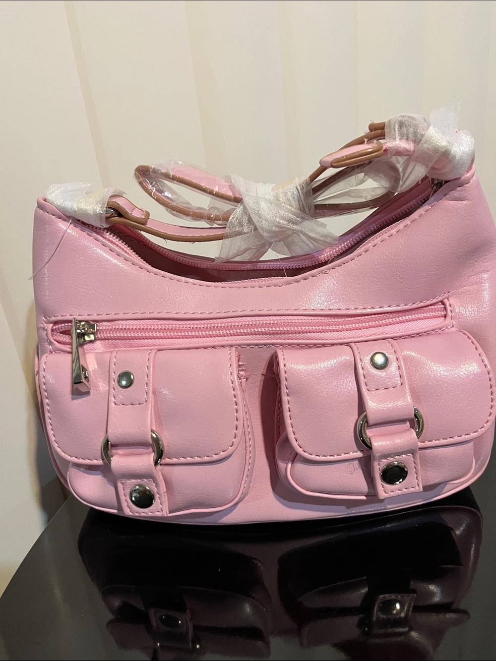Y2K Pink Mini Shoulder Bag Faux Leather Double Buckle Pockets Multi-Zip